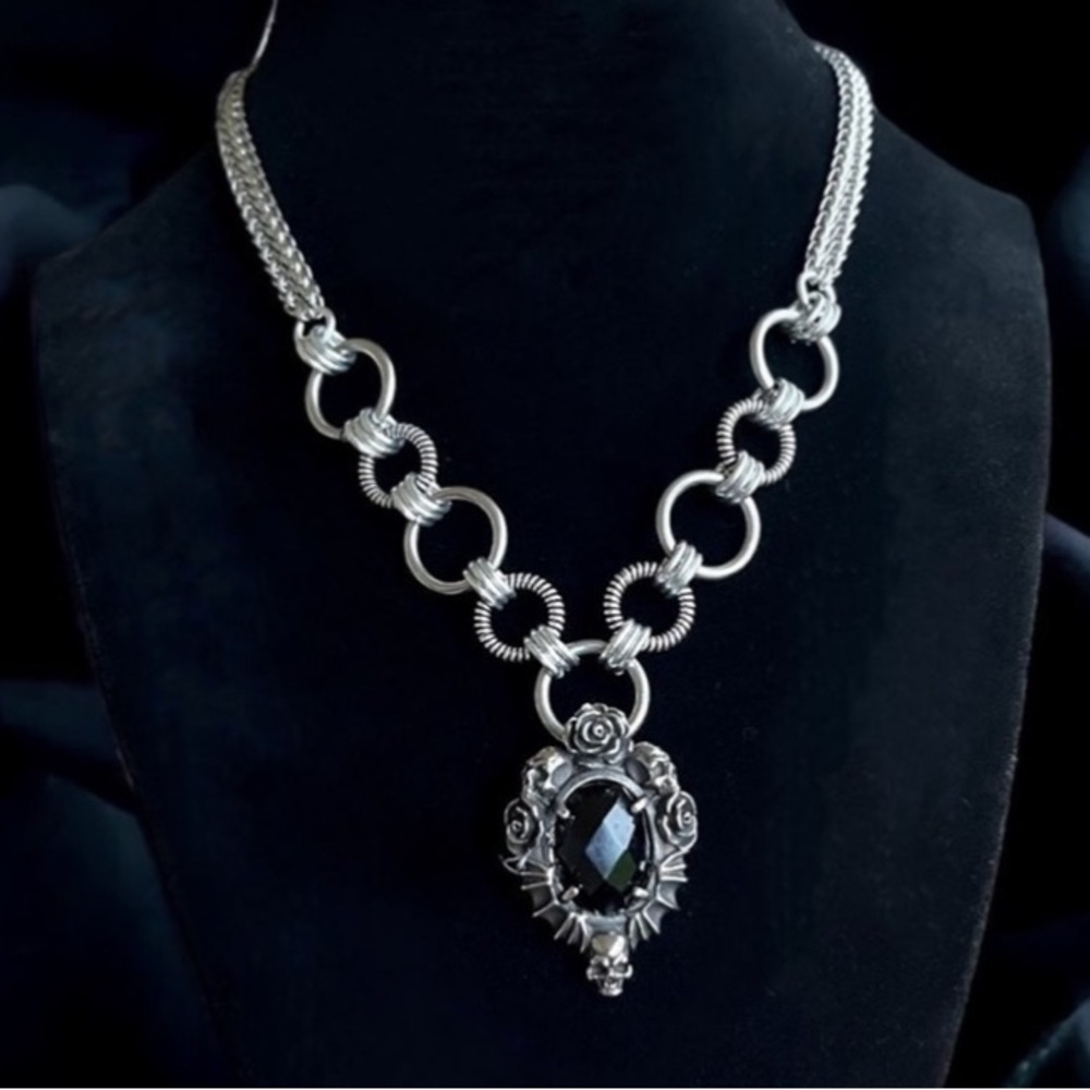 stainless steel necklace double wheat chain onyx stone rose & skull charm - Picture 1 of 13